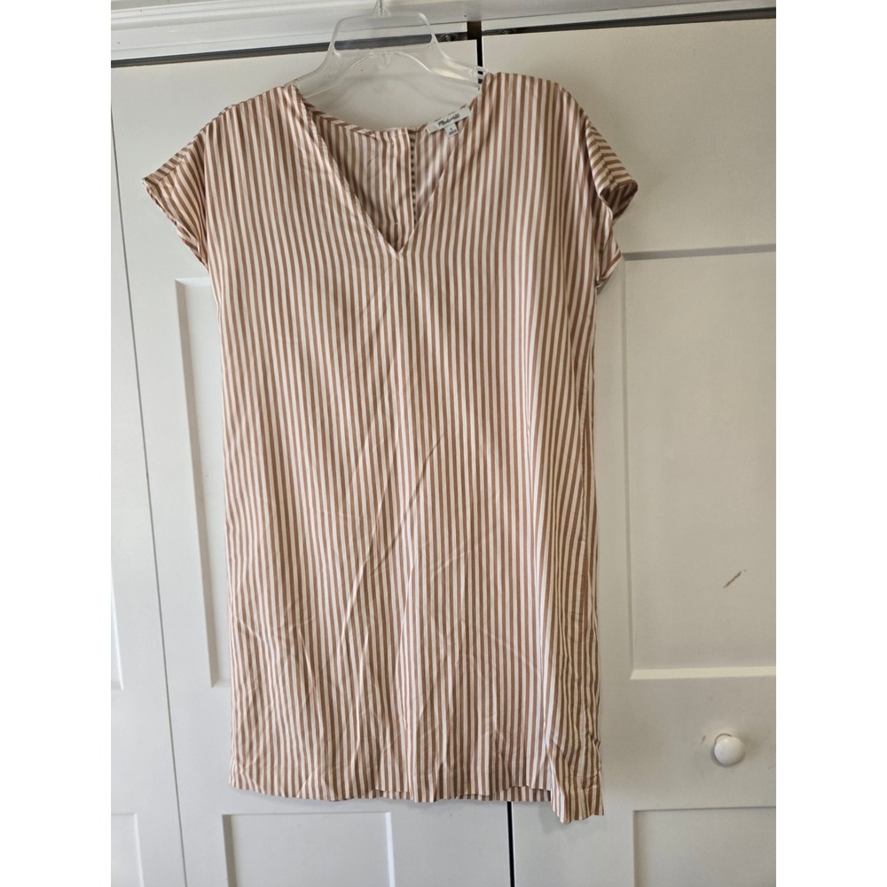 Madewell Tan White Striped Button Back V-Neck Shift Dress Small